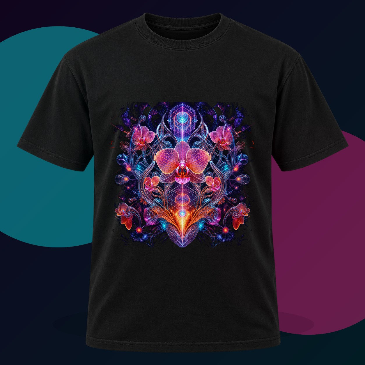 Orchid Signal Array original KOSVYRE design on a black graphic tee with cyan and violet studio lighting