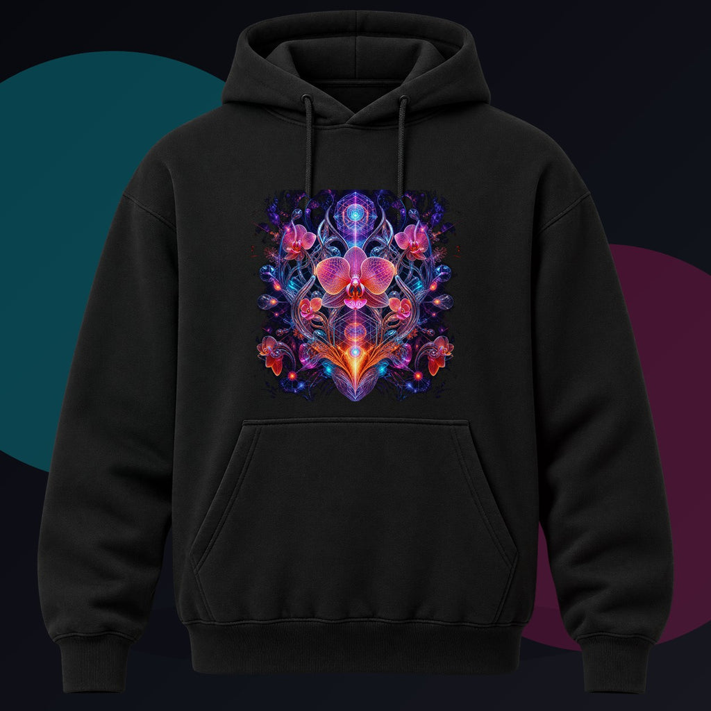 Orchid Signal Array original KOSVYRE design on a black hoodie against a graphite studio background
