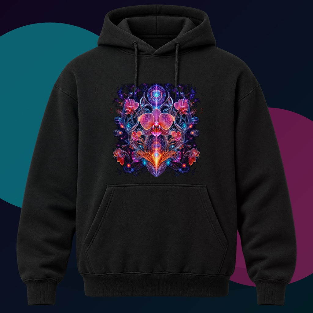 Orchid Signal Array original KOSVYRE design on a black hoodie with cyan and violet studio lighting