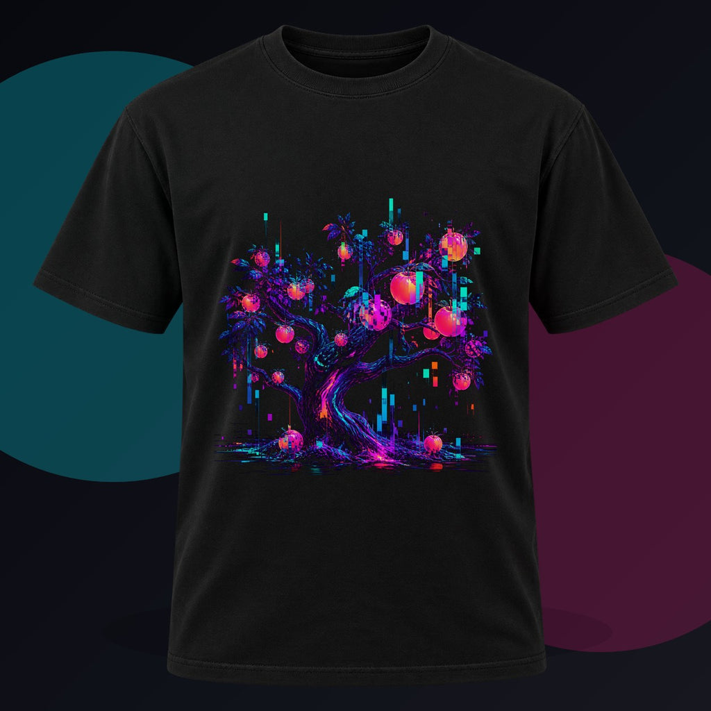 Packet Loss Orchard original KOSVYRE design on a black graphic tee against a graphite studio background
