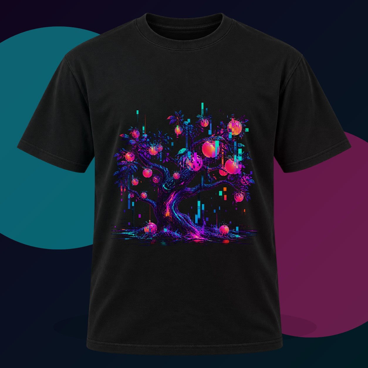 Packet Loss Orchard original KOSVYRE design on a black graphic tee with cyan and violet studio lighting