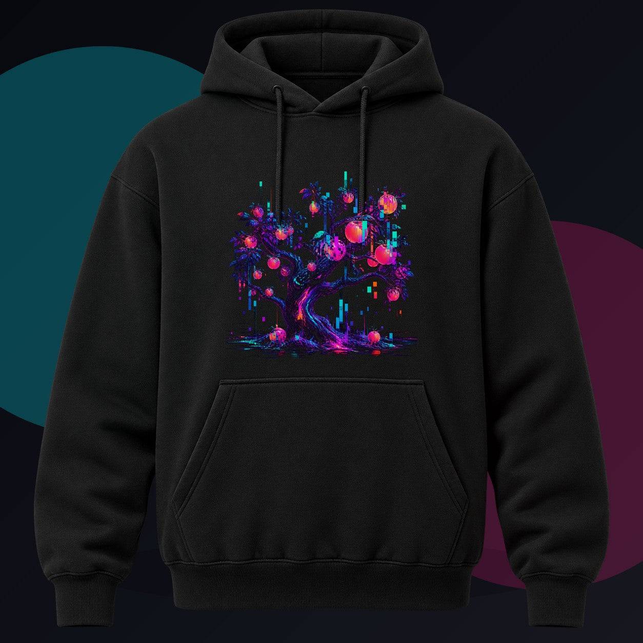 Packet Loss Orchard original KOSVYRE design on a black hoodie against a graphite studio background