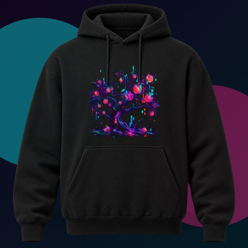 Packet Loss Orchard original KOSVYRE design on a black hoodie with cyan and violet studio lighting