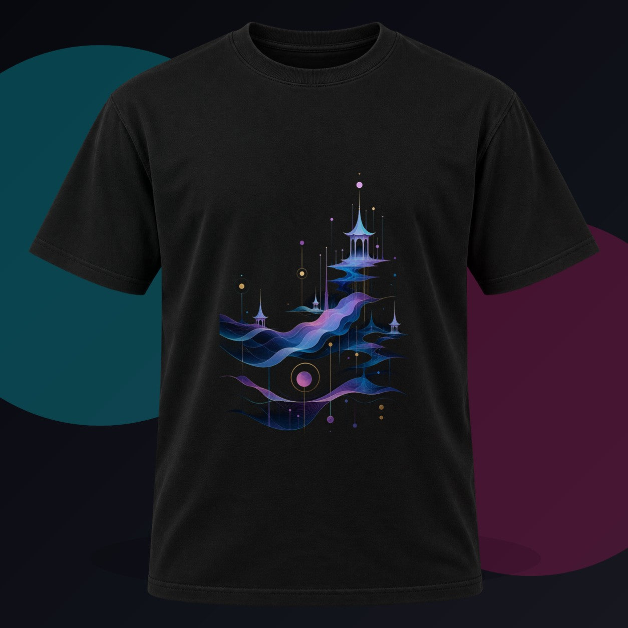 Pale Signal Pavilions original KOSVYRE design on a black graphic tee against a graphite studio background