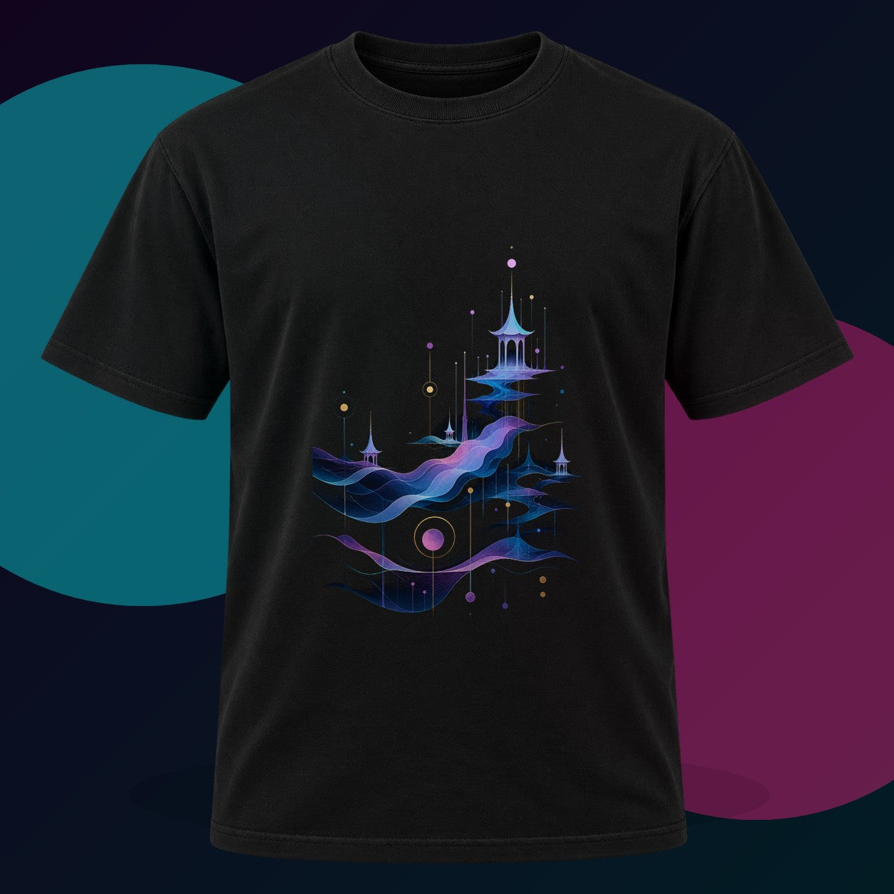 Pale Signal Pavilions original KOSVYRE design on a black graphic tee with cyan and violet studio lighting
