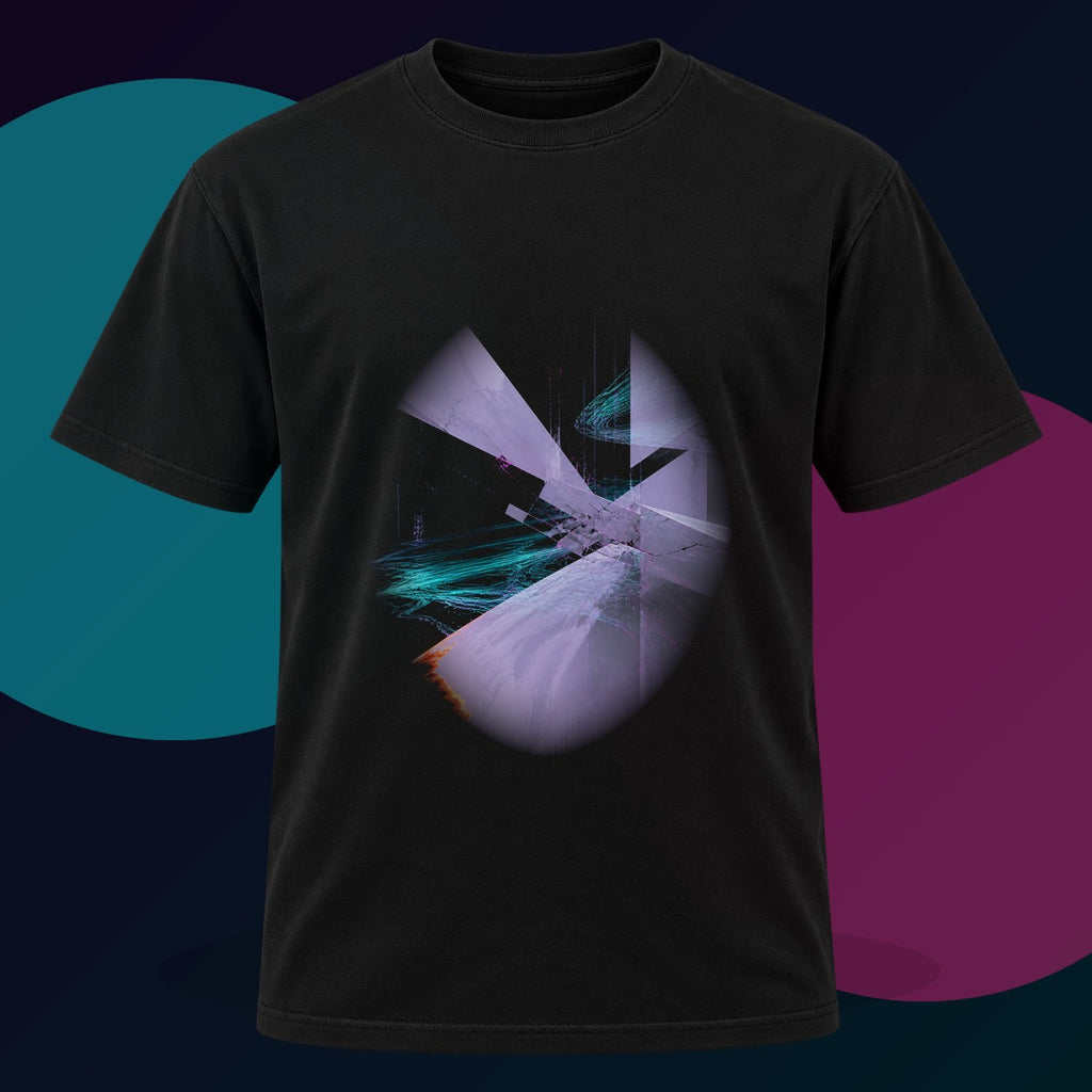 Pale Static Crossing original KOSVYRE design on a black graphic tee with cyan and violet studio lighting
