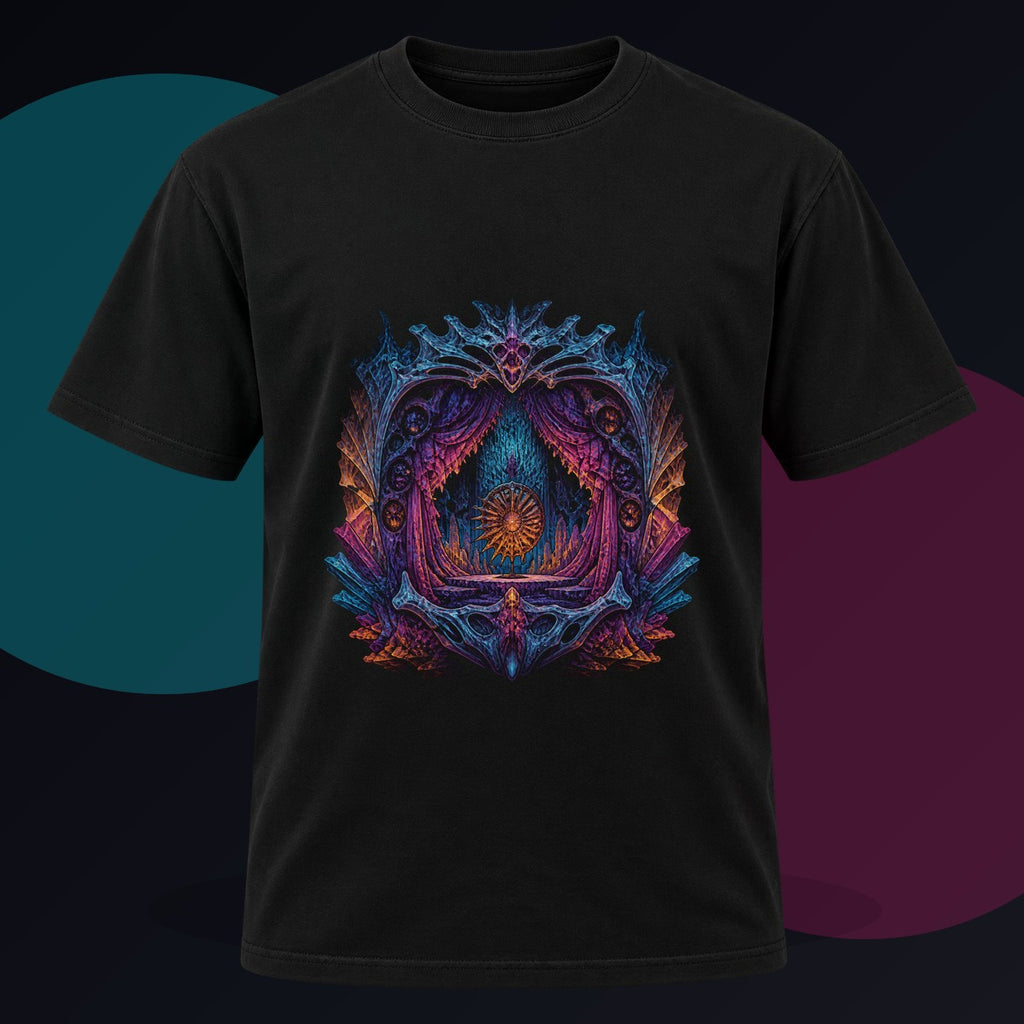 Parallax Fossil Theater original KOSVYRE design on a black graphic tee against a graphite studio background