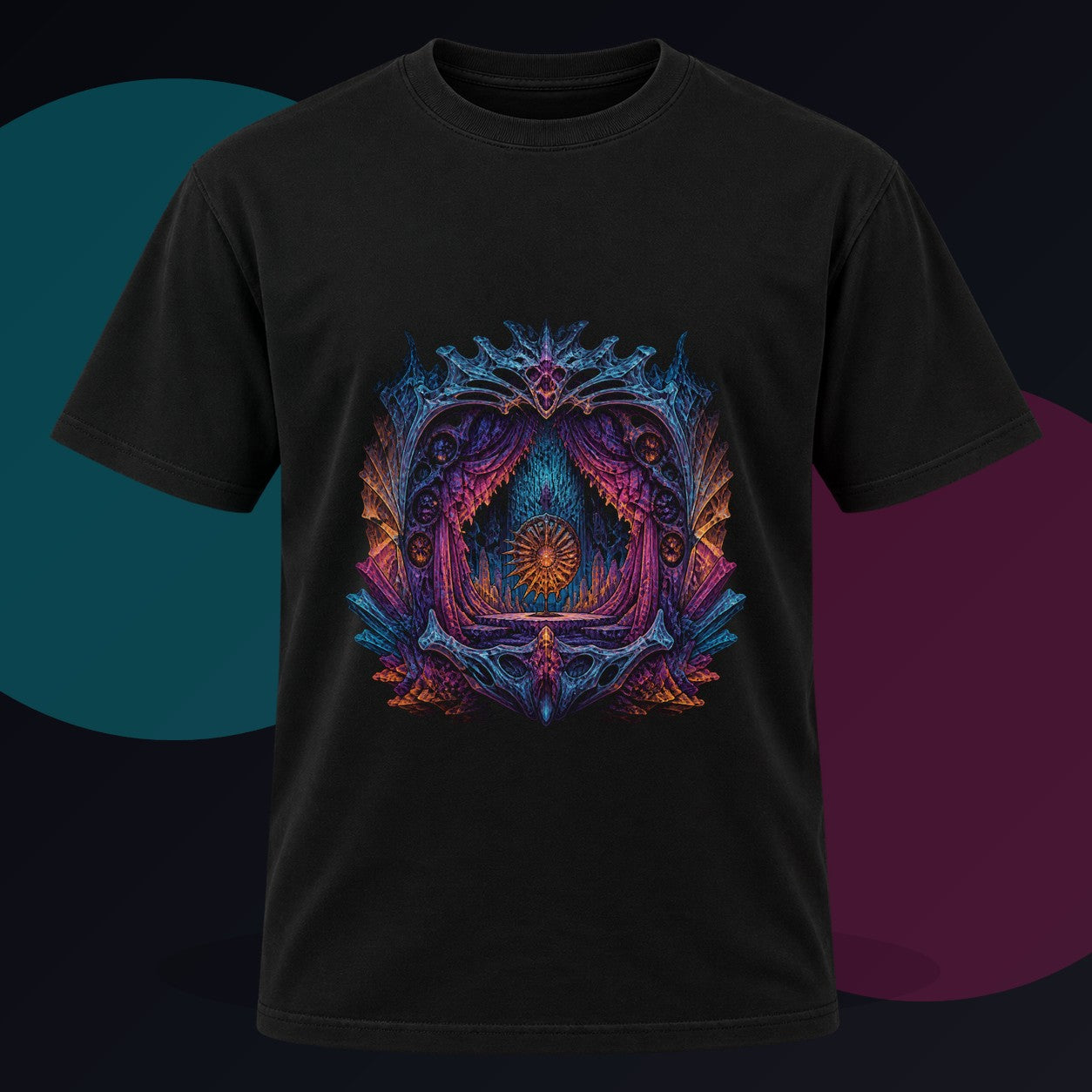 Parallax Fossil Theater original KOSVYRE design on a black graphic tee against a graphite studio background