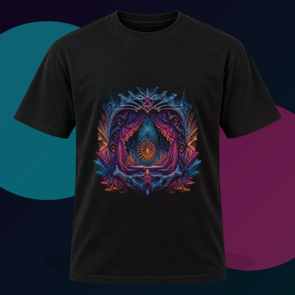 Parallax Fossil Theater original KOSVYRE design on a black graphic tee with cyan and violet studio lighting