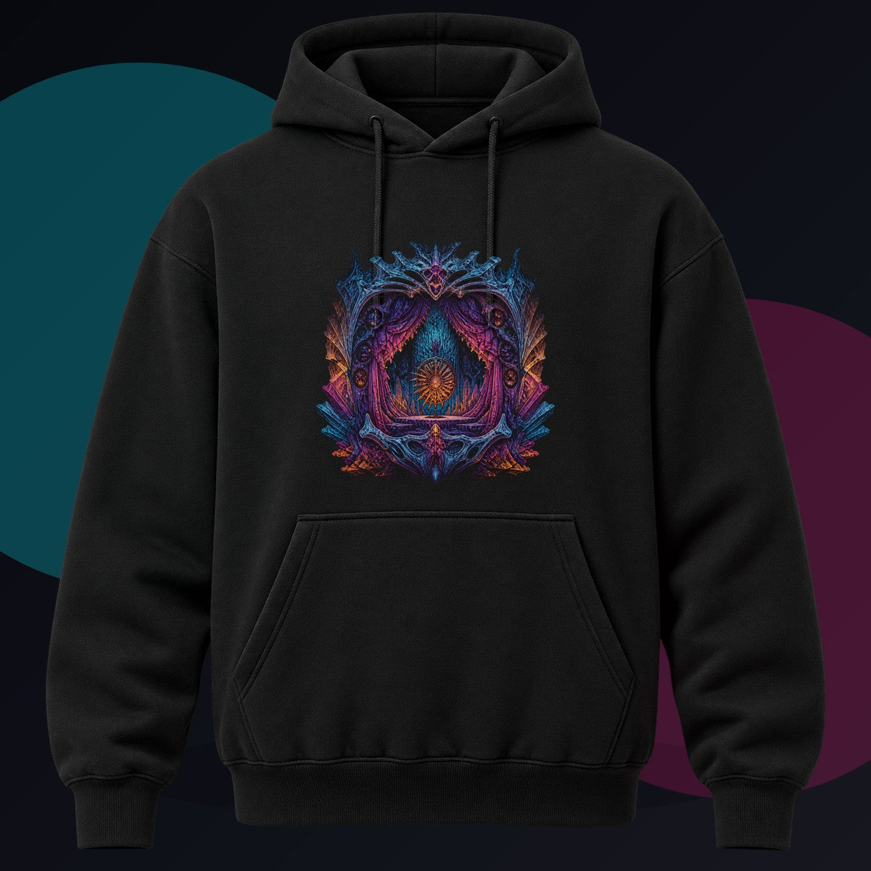 Parallax Fossil Theater original KOSVYRE design on a black hoodie against a graphite studio background