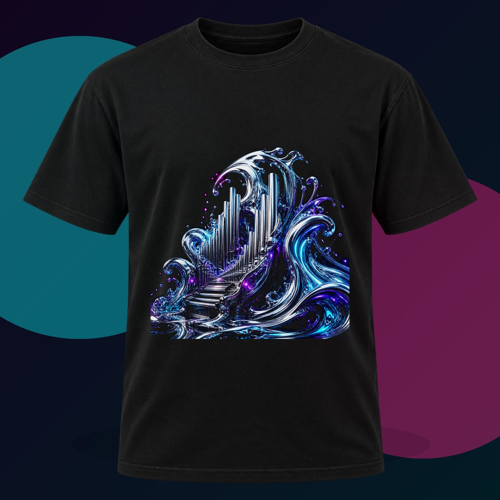 Periscope Chapel original KOSVYRE design on a black graphic tee with cyan and violet studio lighting