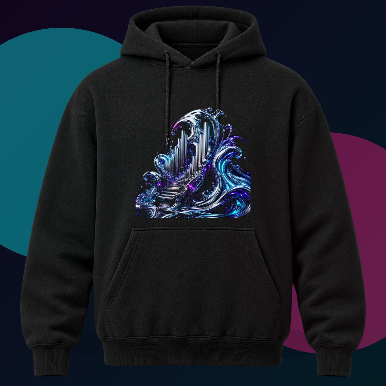 Periscope Chapel original KOSVYRE design on a black hoodie with cyan and violet studio lighting
