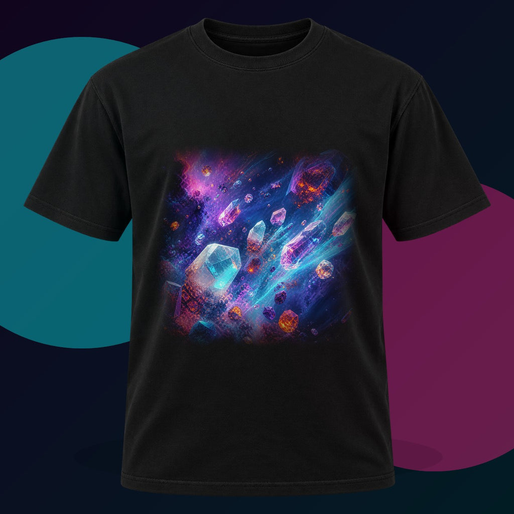 Peroxide Nebula Herd original KOSVYRE design on a black graphic tee with cyan and violet studio lighting