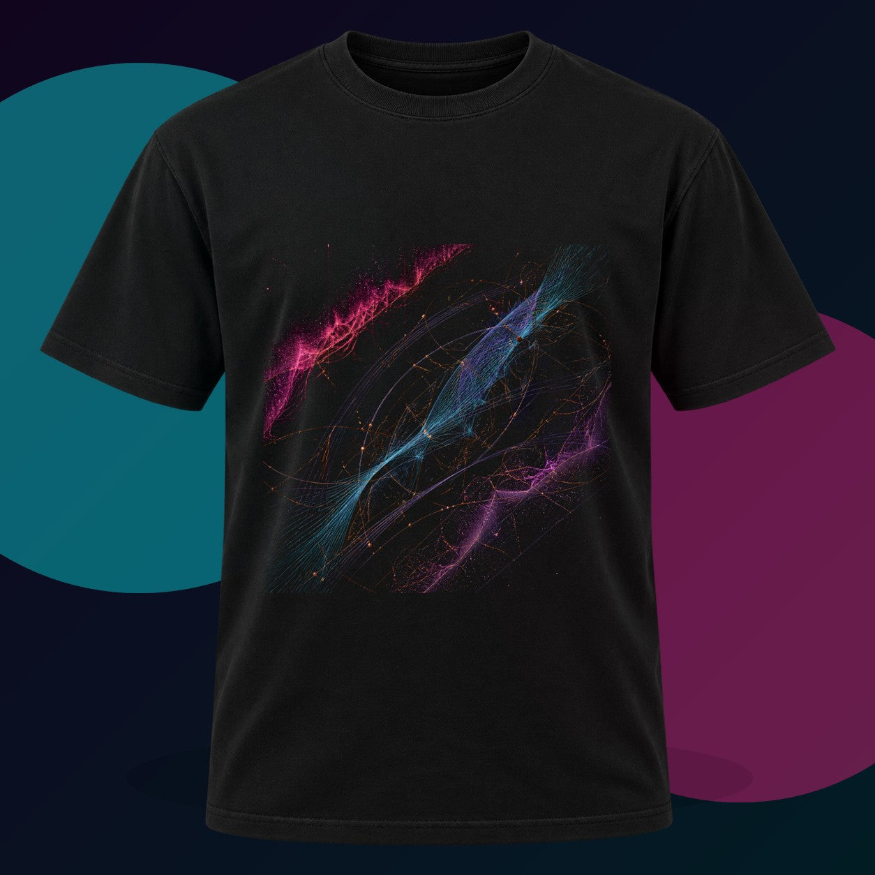 Polar Thread Observatory original KOSVYRE design on a black graphic tee with cyan and violet studio lighting