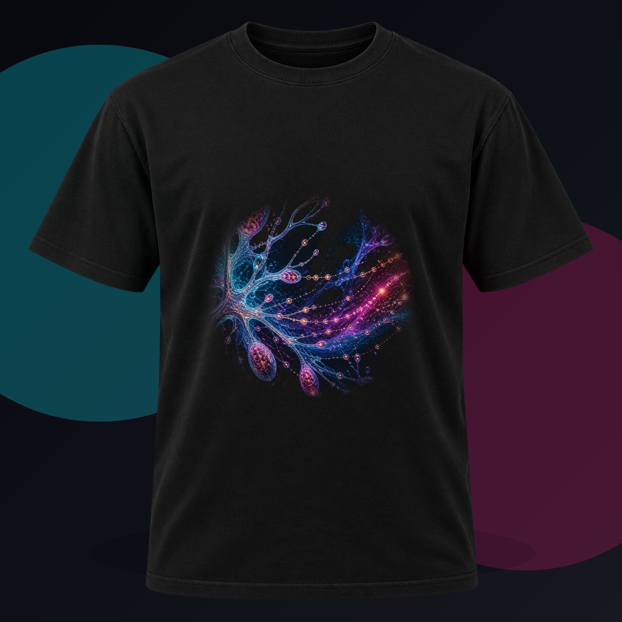 Pollen Signal Relay original KOSVYRE design on a black graphic tee against a graphite studio background