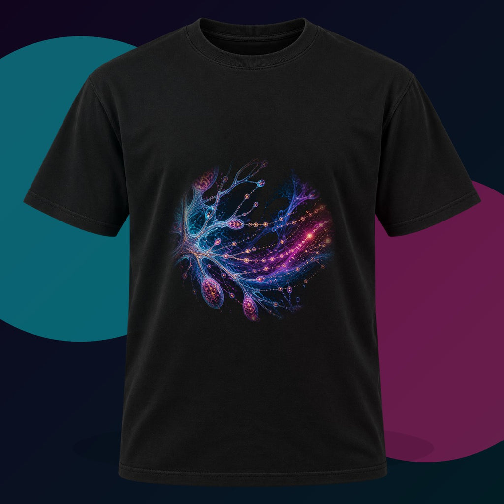 Pollen Signal Relay original KOSVYRE design on a black graphic tee with cyan and violet studio lighting