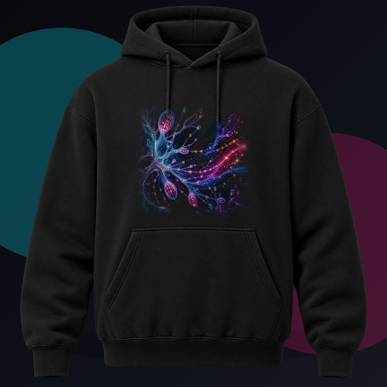 Pollen Signal Relay original KOSVYRE design on a black hoodie against a graphite studio background