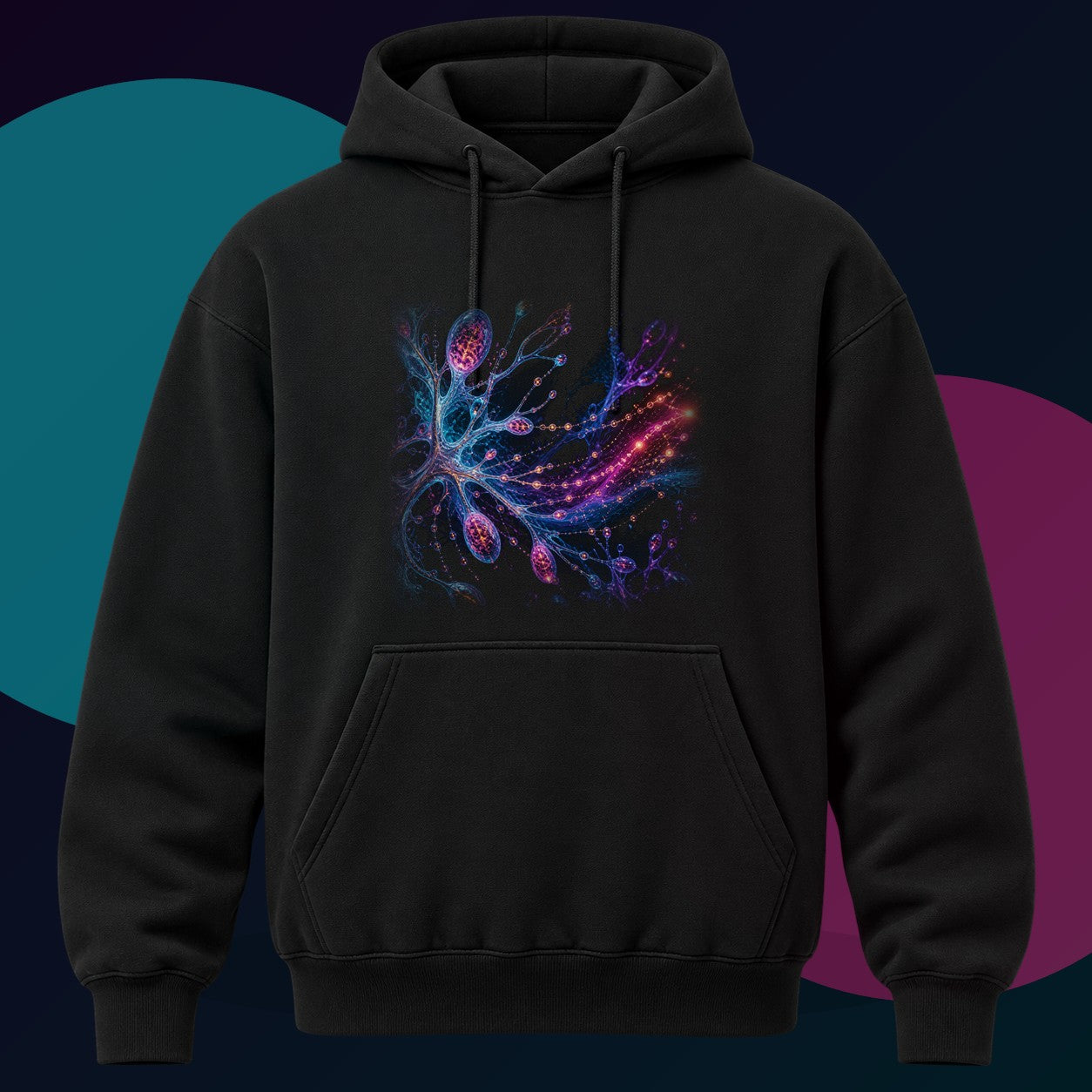 Pollen Signal Relay original KOSVYRE design on a black hoodie with cyan and violet studio lighting