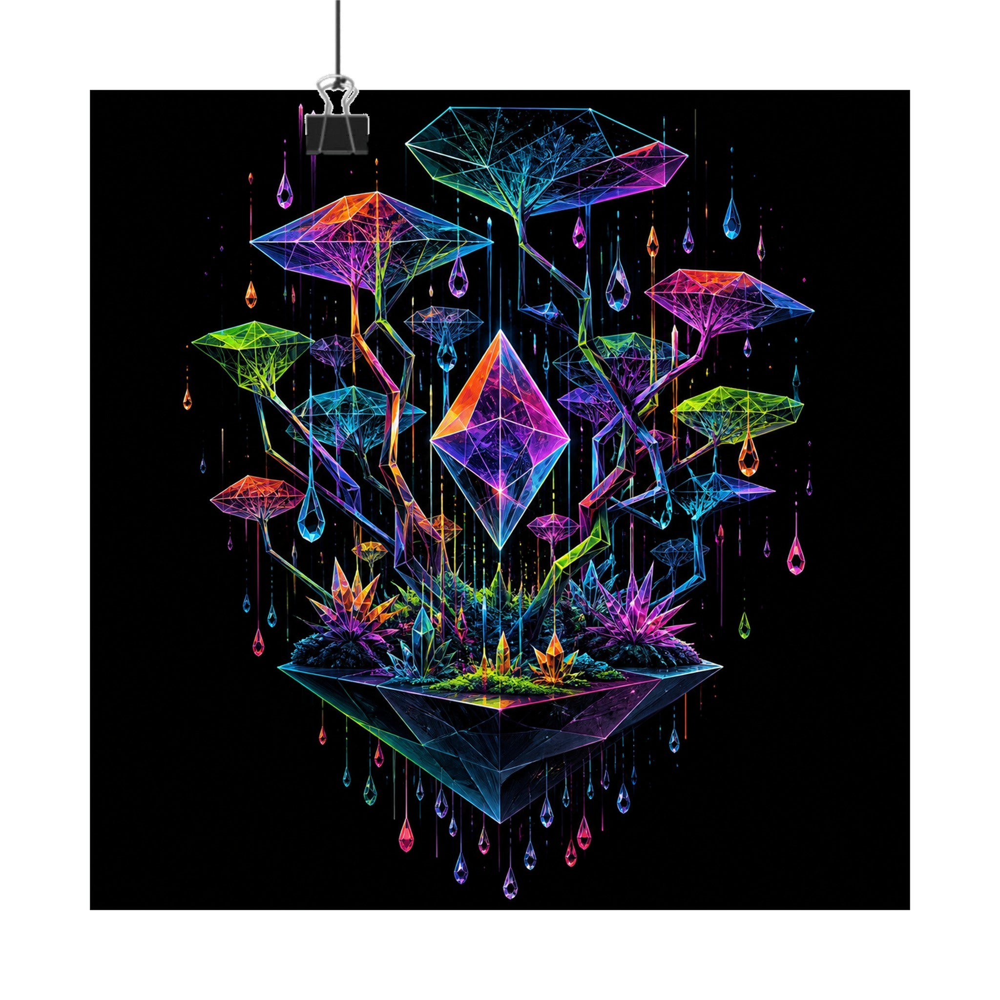 Polyhedral Rain Garden original KOSVYRE art print displayed with binder clips
