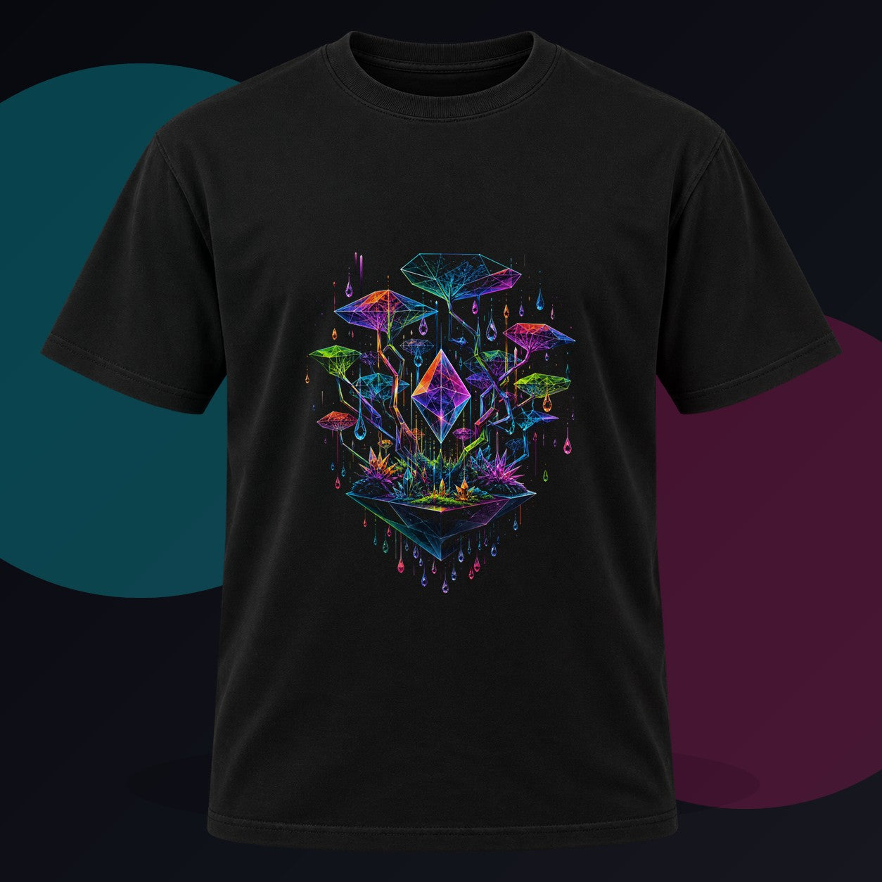 Polyhedral Rain Garden original KOSVYRE design on a black graphic tee against a graphite studio background