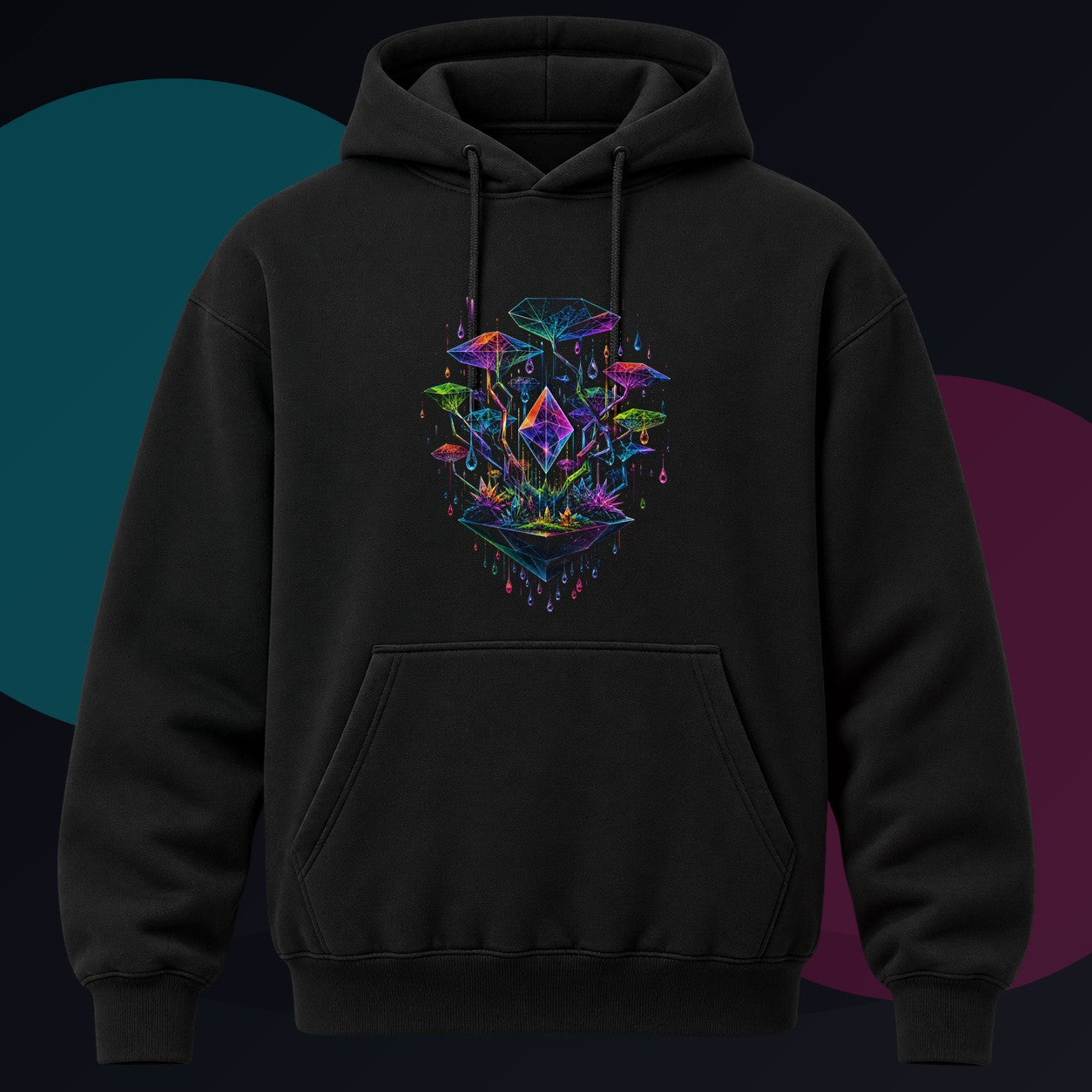 Polyhedral Rain Garden original KOSVYRE design on a black hoodie against a graphite studio background