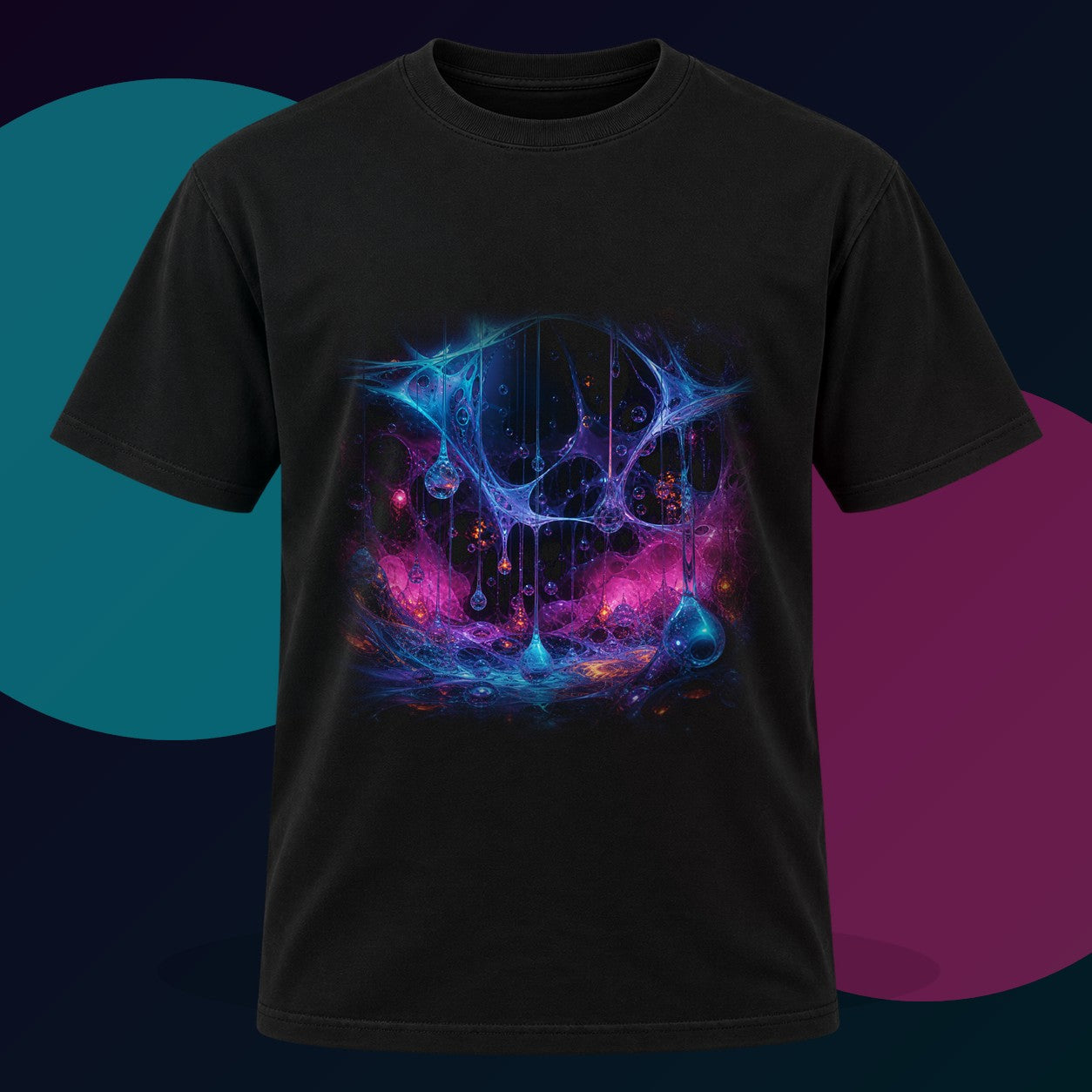 Polymer Rainfield original KOSVYRE design on a black graphic tee with cyan and violet studio lighting