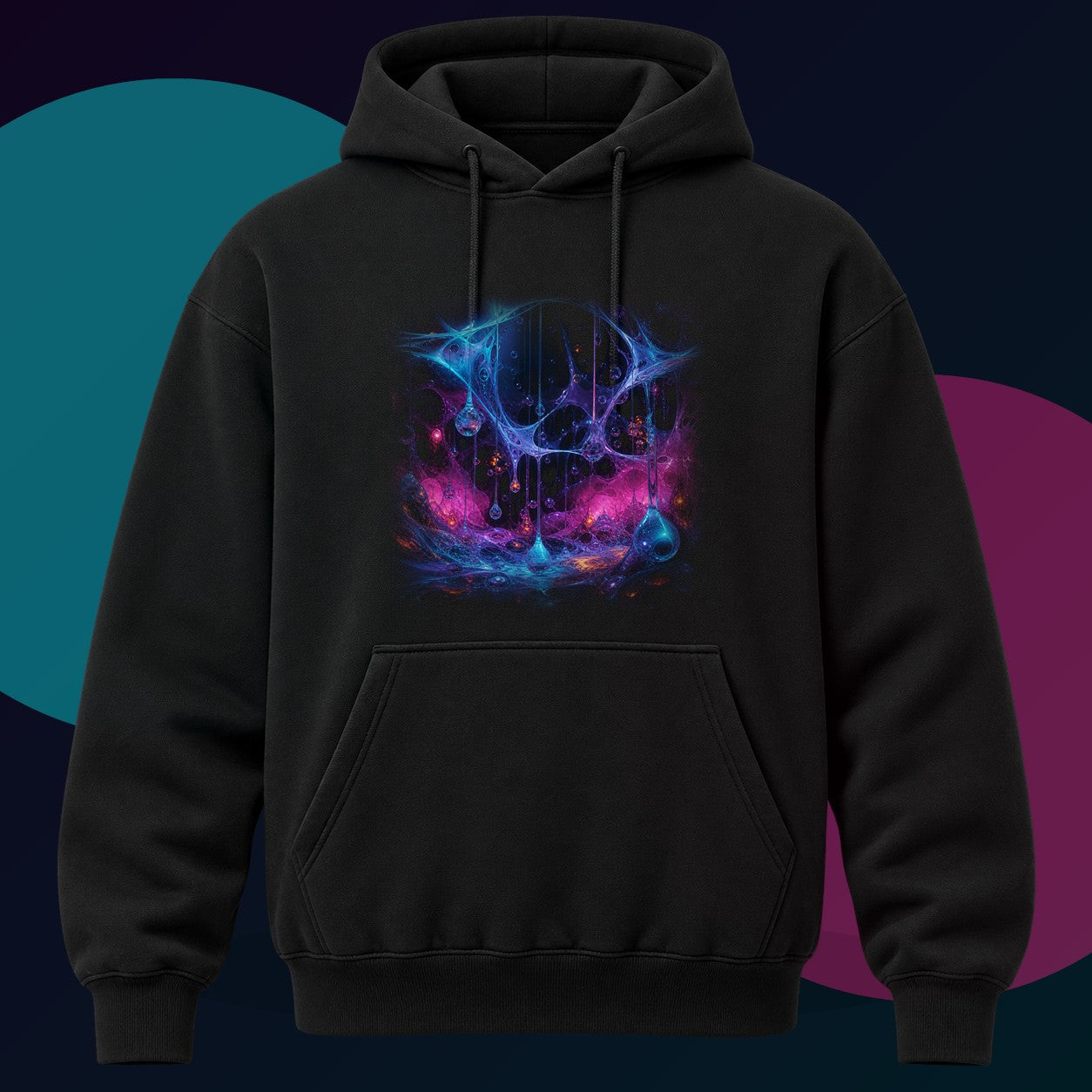 Polymer Rainfield original KOSVYRE design on a black hoodie with cyan and violet studio lighting