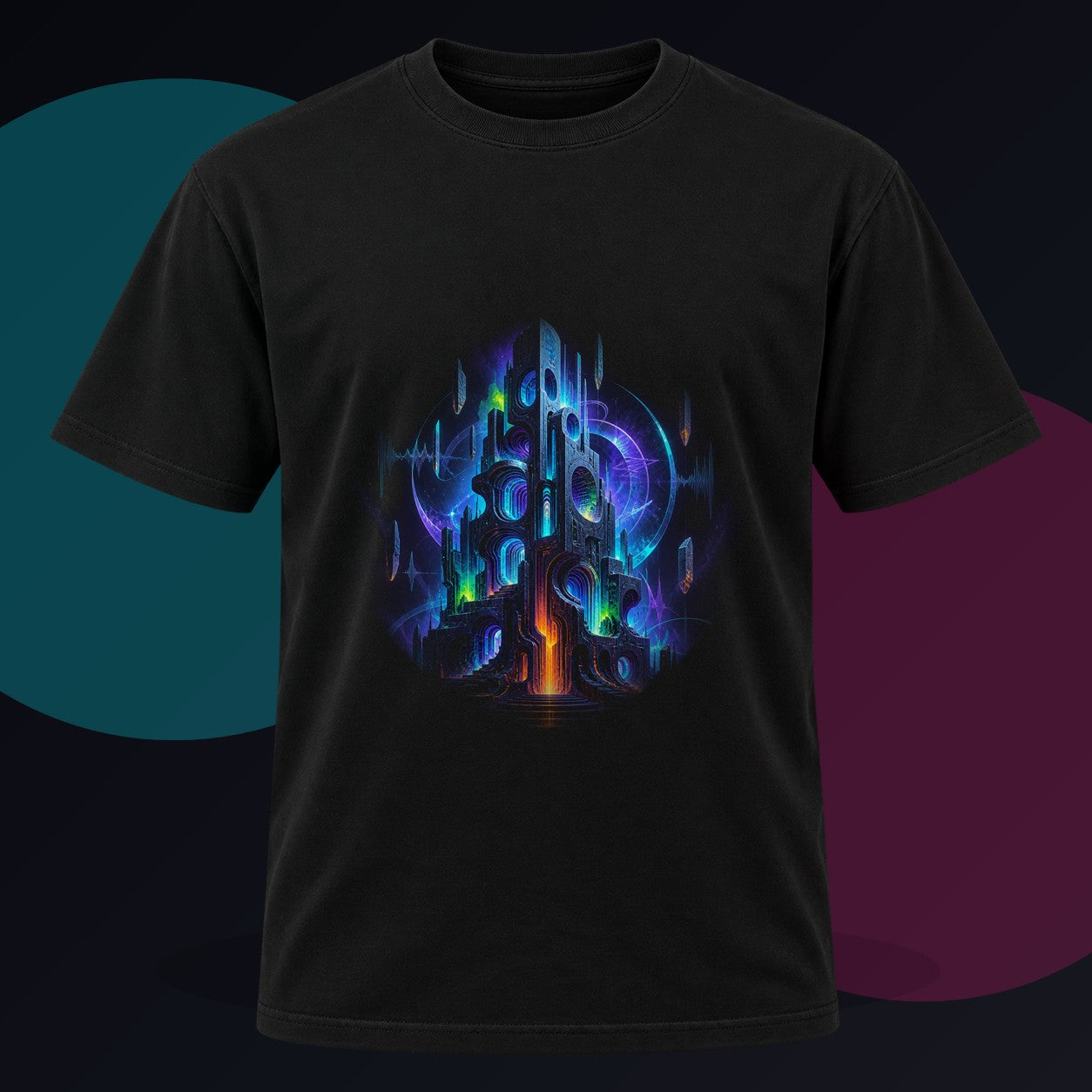 Polyphonic Monolith original KOSVYRE design on a black graphic tee against a graphite studio background