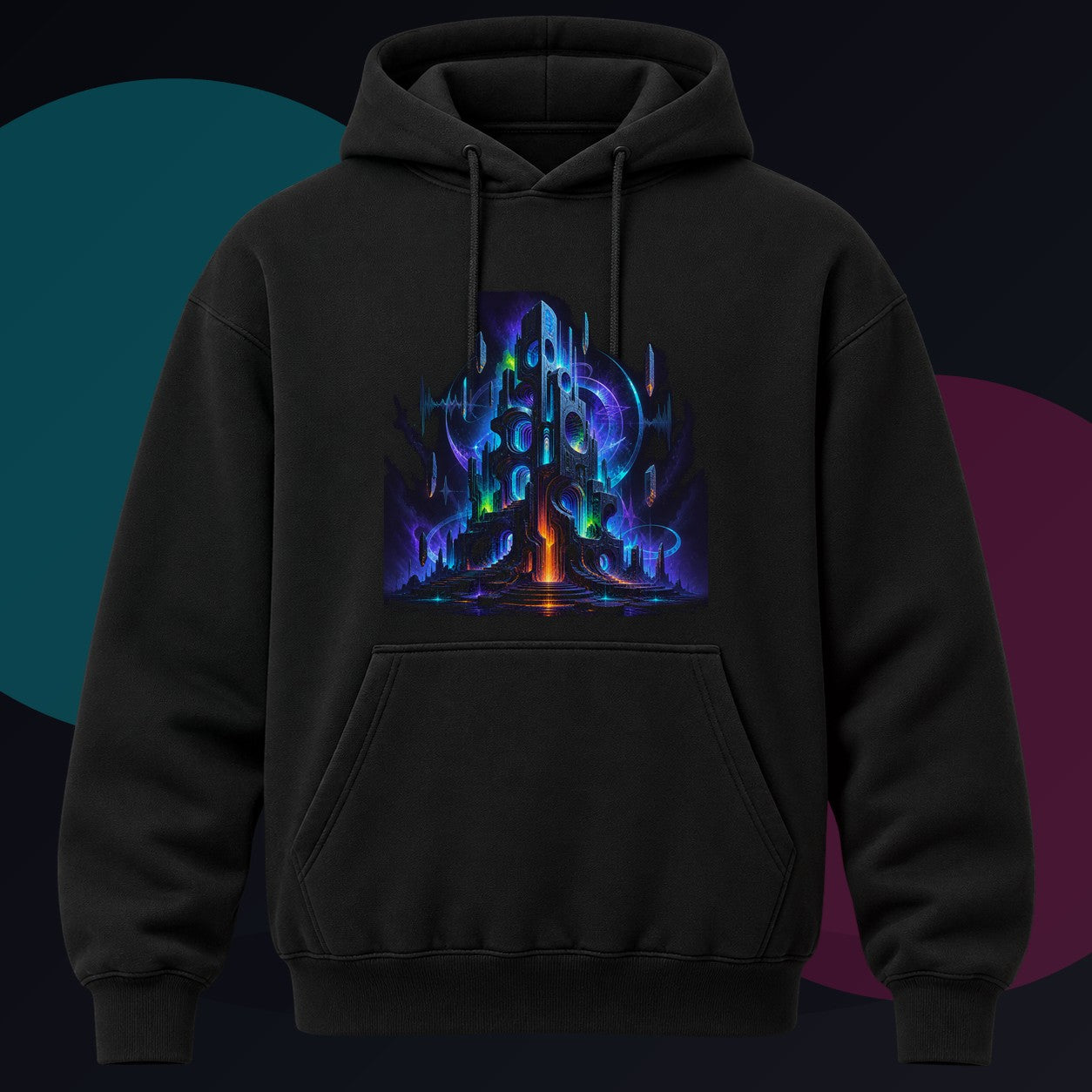 Polyphonic Monolith original KOSVYRE design on a black hoodie against a graphite studio background