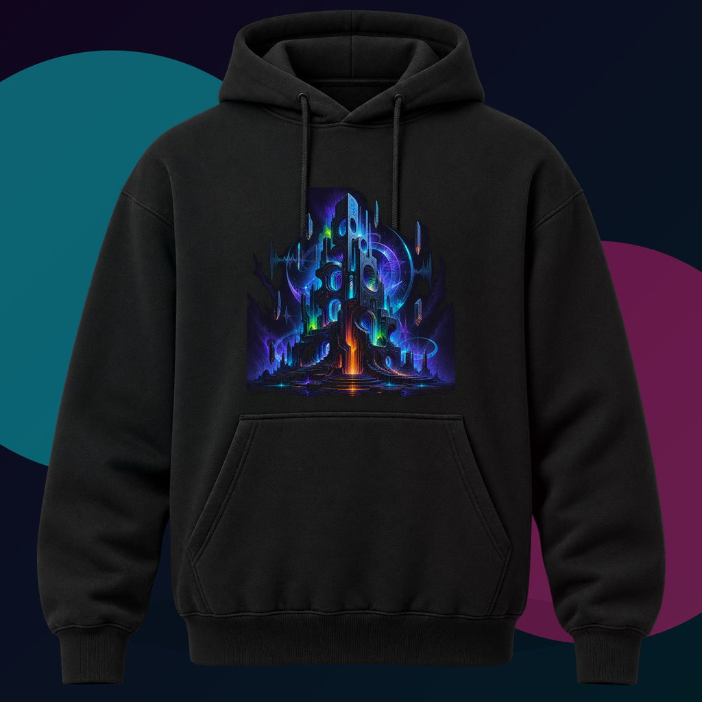 Polyphonic Monolith original KOSVYRE design on a black hoodie with cyan and violet studio lighting