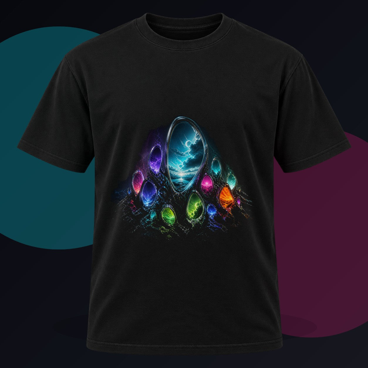 Portal Garden original KOSVYRE design on a black graphic tee against a graphite studio background