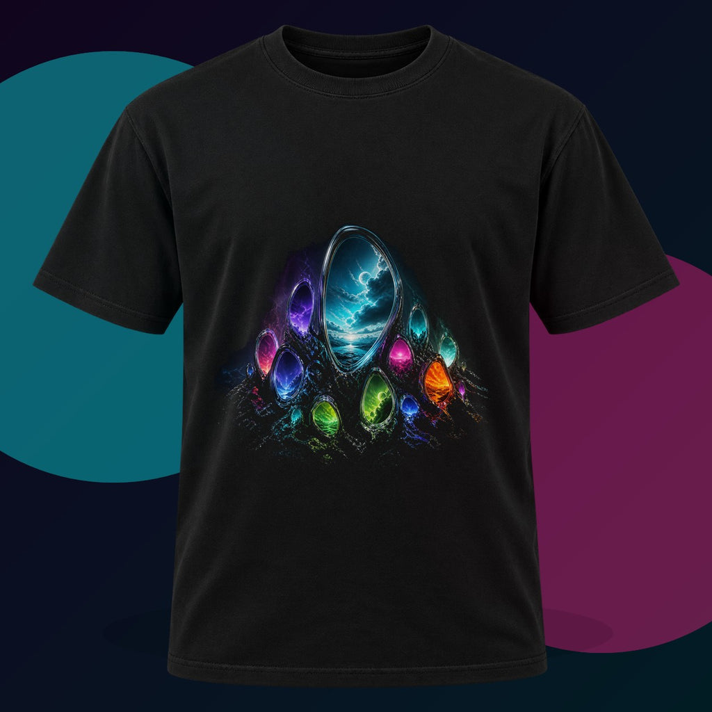 Portal Garden original KOSVYRE design on a black graphic tee with cyan and violet studio lighting