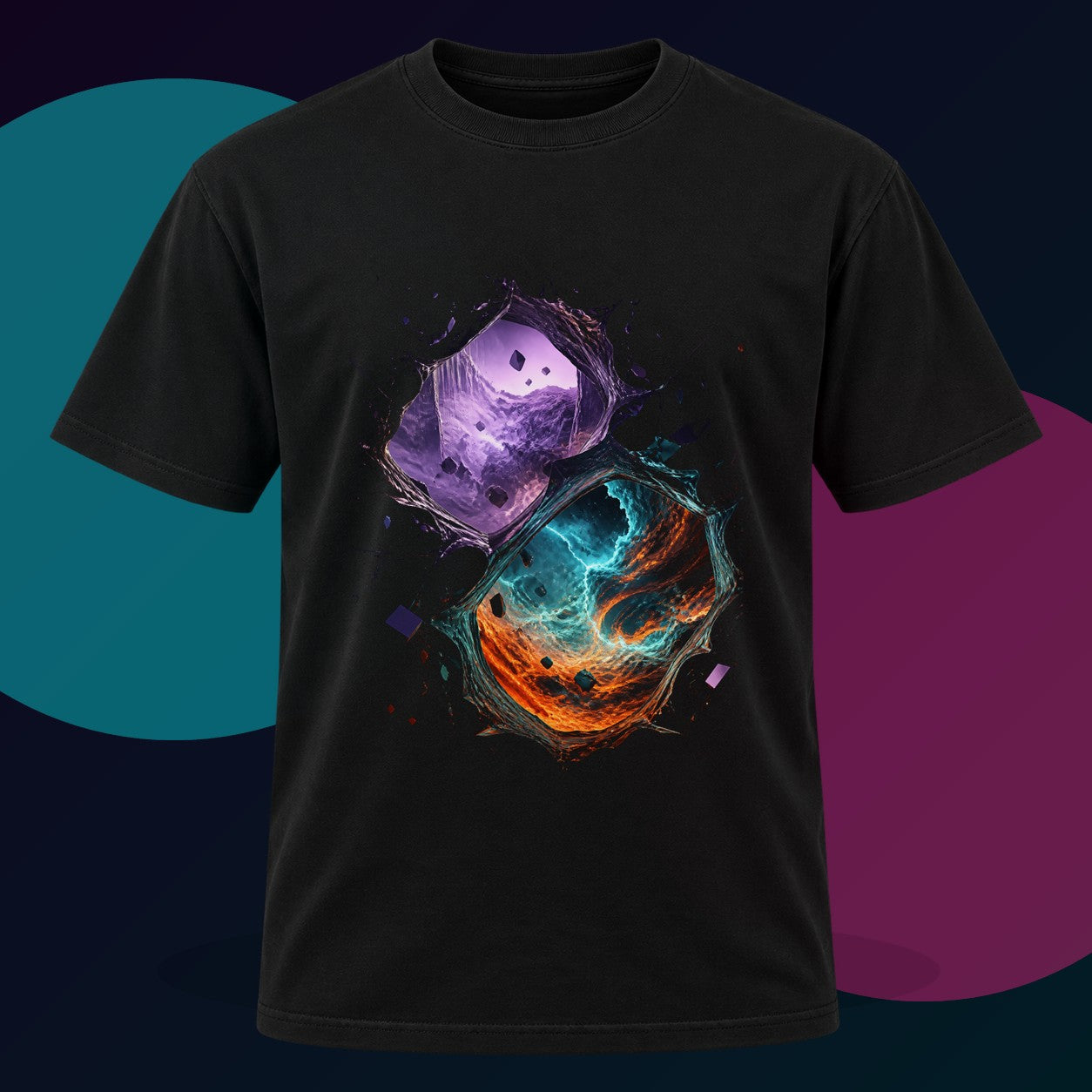 Portal Weather Study original KOSVYRE design on a black graphic tee with cyan and violet studio lighting