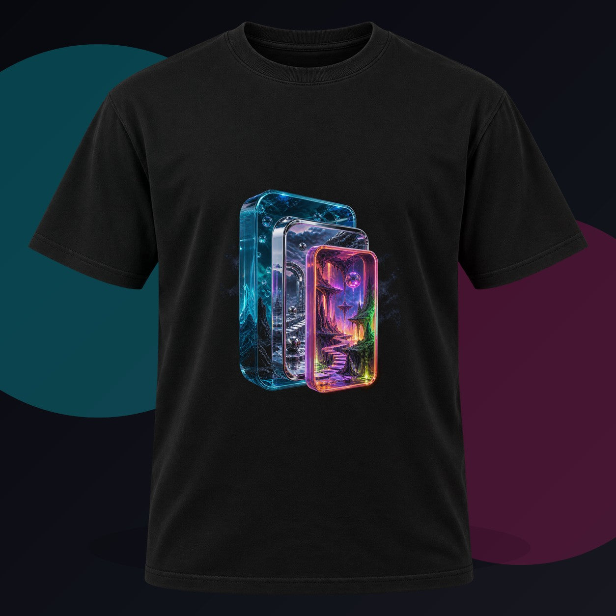 Portal Within Portal original KOSVYRE design on a black graphic tee against a graphite studio background