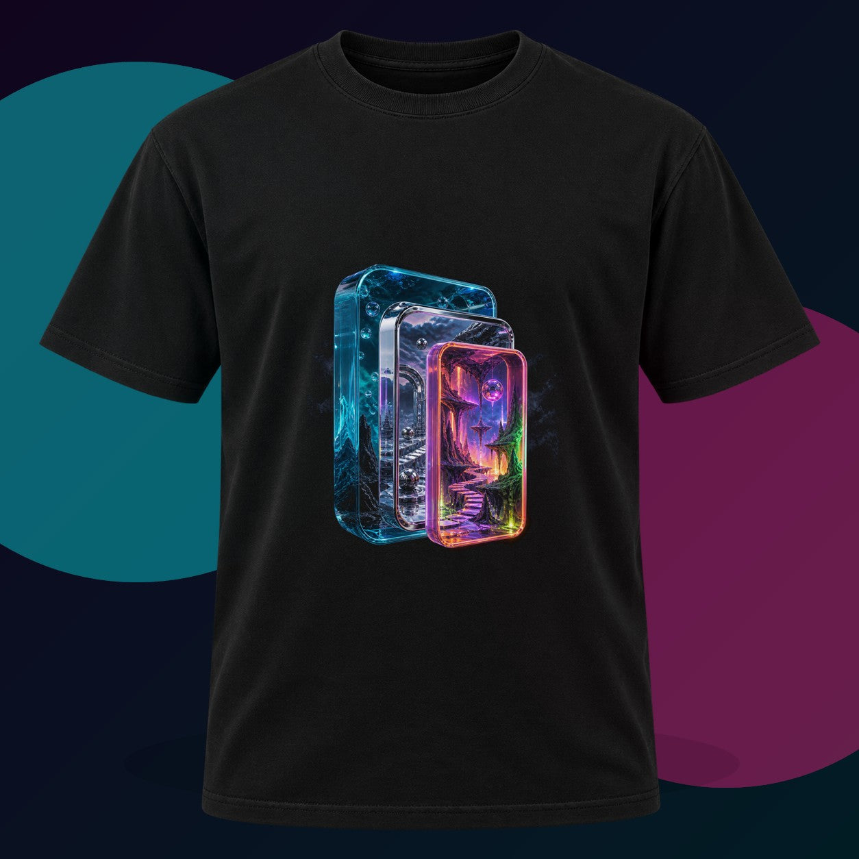 Portal Within Portal original KOSVYRE design on a black graphic tee with cyan and violet studio lighting