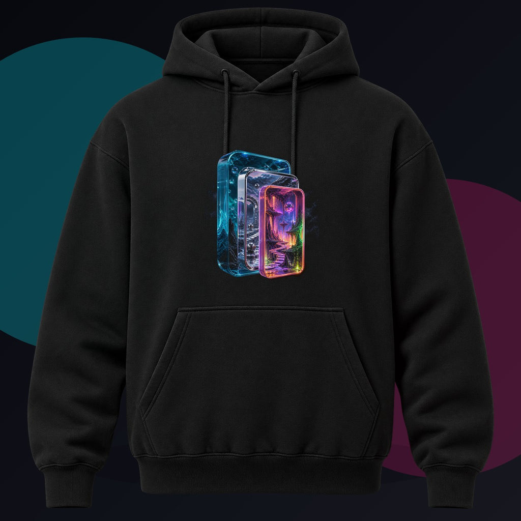Portal Within Portal original KOSVYRE design on a black hoodie against a graphite studio background