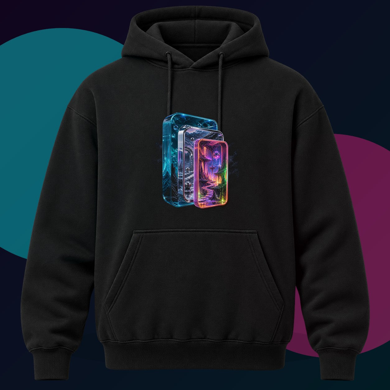 Portal Within Portal original KOSVYRE design on a black hoodie with cyan and violet studio lighting