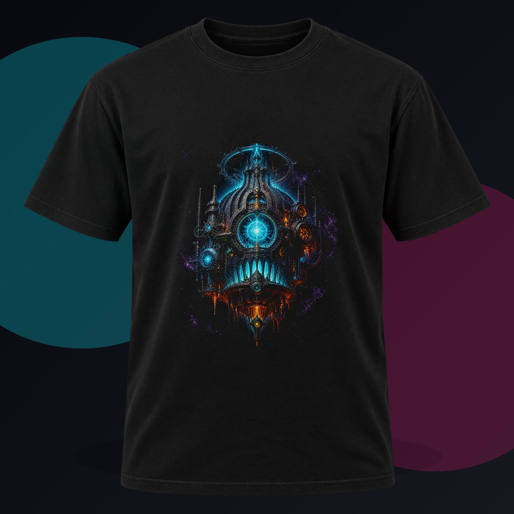 Pressure Cathedral original KOSVYRE design on a black graphic tee against a graphite studio background