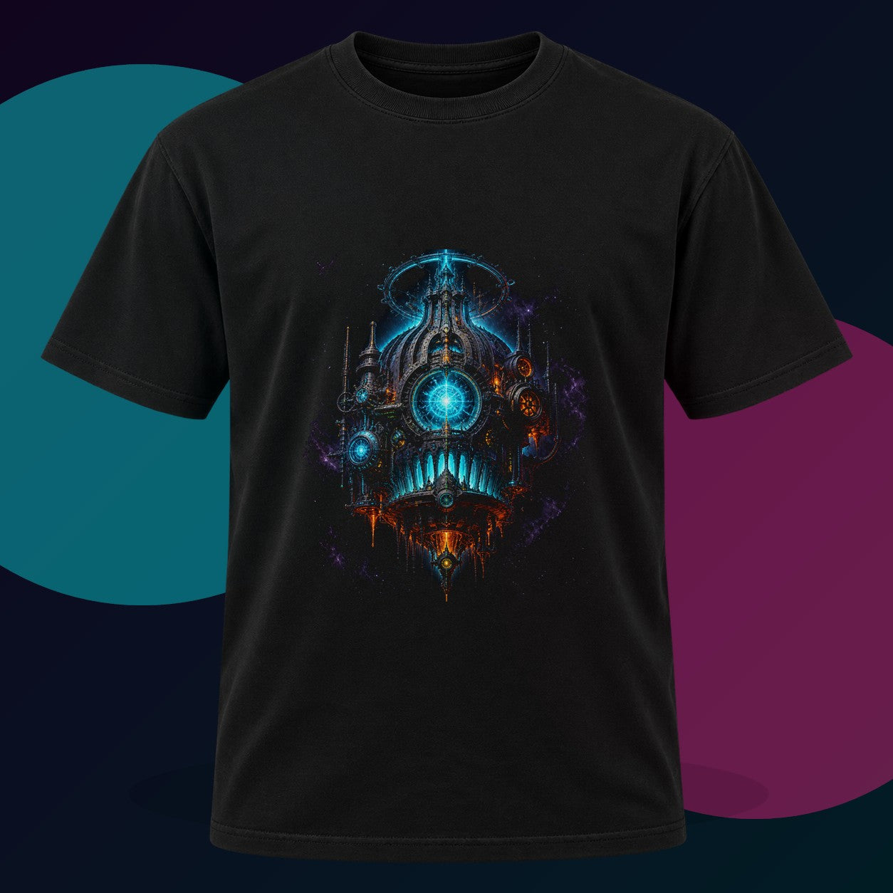 Pressure Cathedral original KOSVYRE design on a black graphic tee with cyan and violet studio lighting