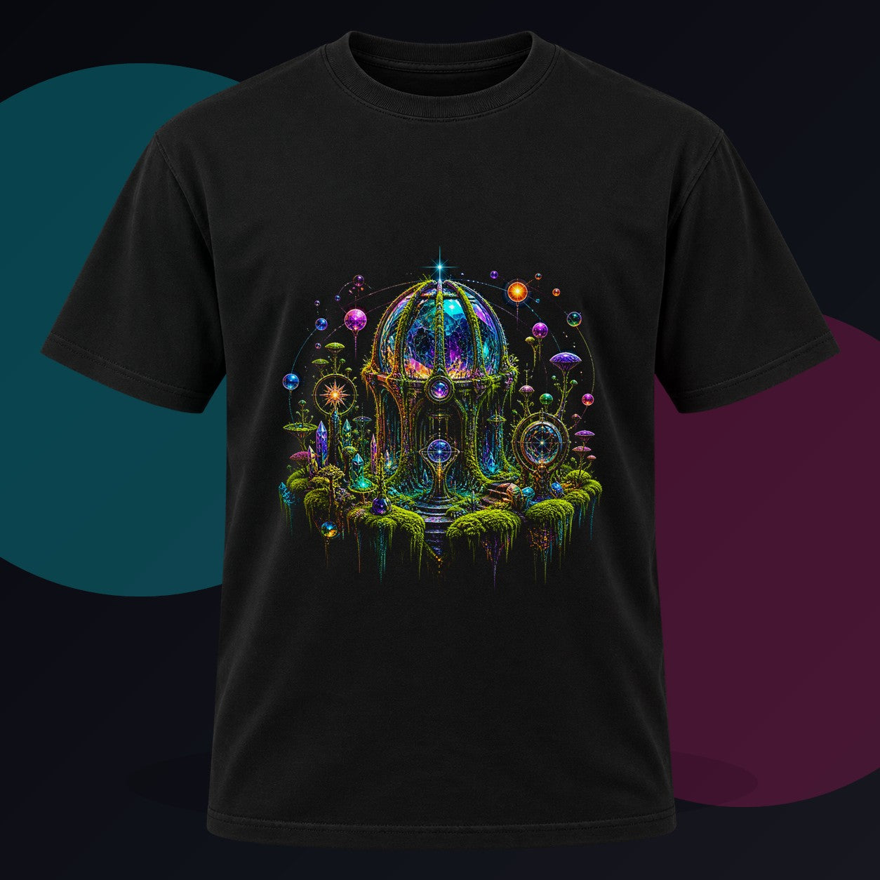 Prism Moss Observatory original KOSVYRE design on a black graphic tee against a graphite studio background