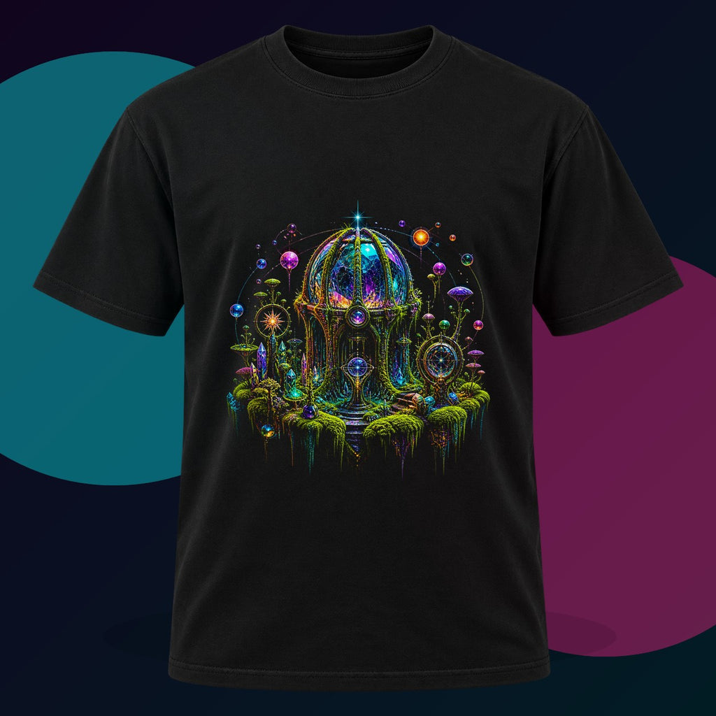 Prism Moss Observatory original KOSVYRE design on a black graphic tee with cyan and violet studio lighting