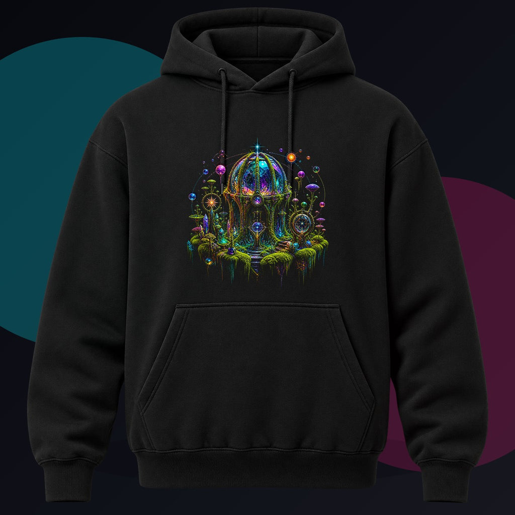 Prism Moss Observatory original KOSVYRE design on a black hoodie against a graphite studio background