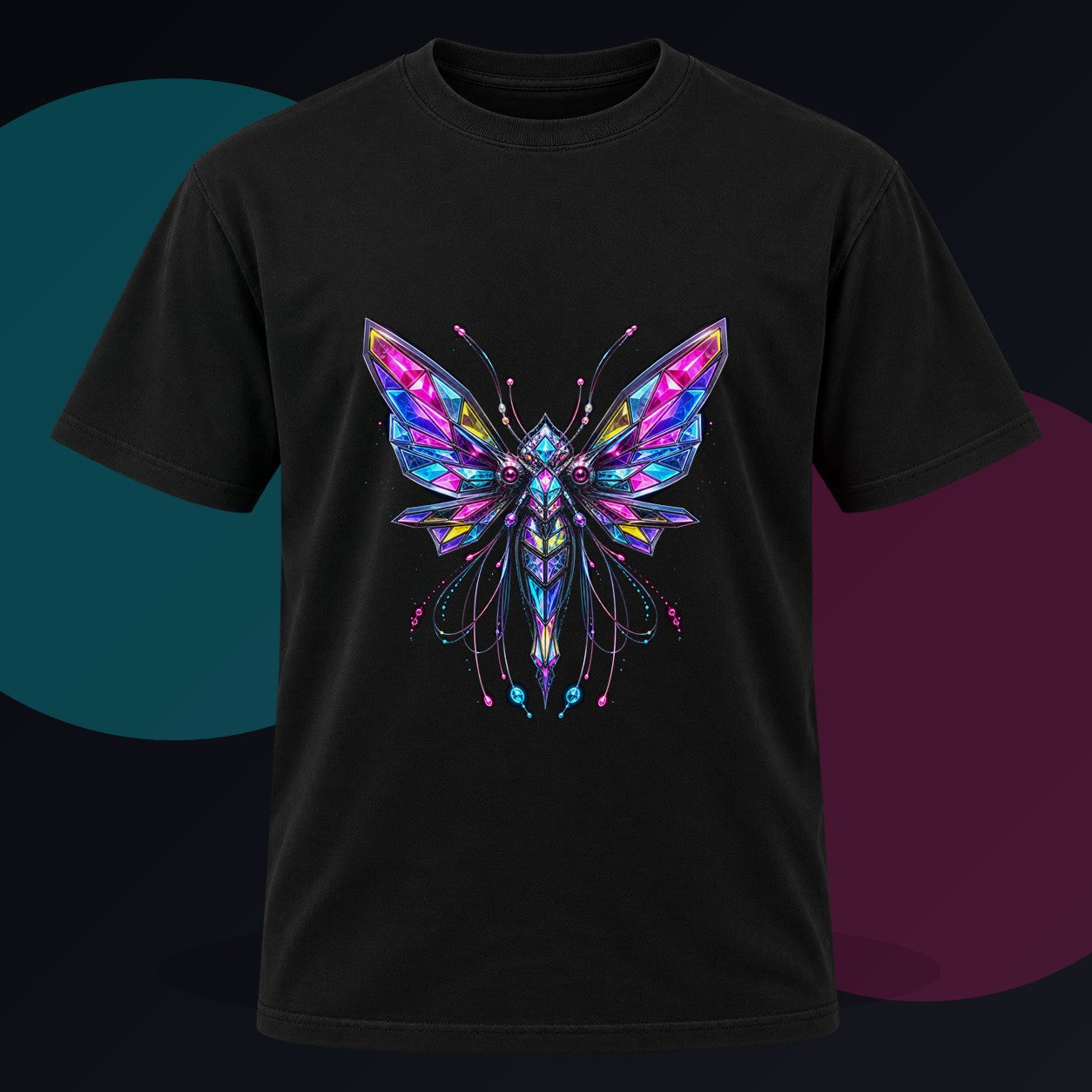 Prism Moth Relay original KOSVYRE design on a black graphic tee against a graphite studio background