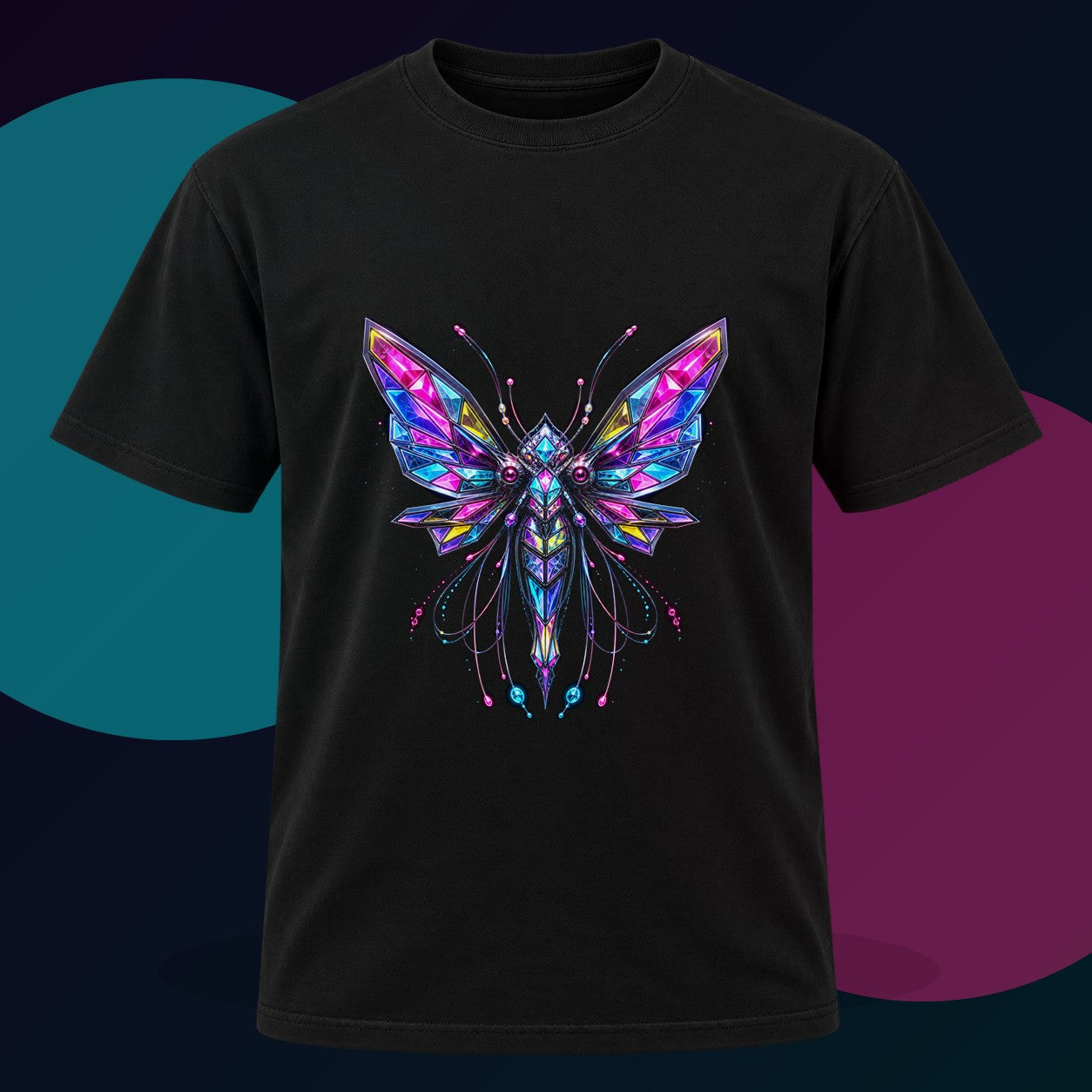 Prism Moth Relay original KOSVYRE design on a black graphic tee with cyan and violet studio lighting