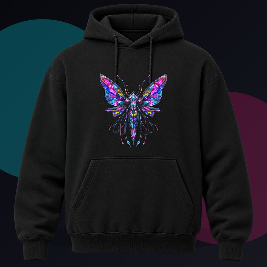 Prism Moth Relay original KOSVYRE design on a black hoodie against a graphite studio background