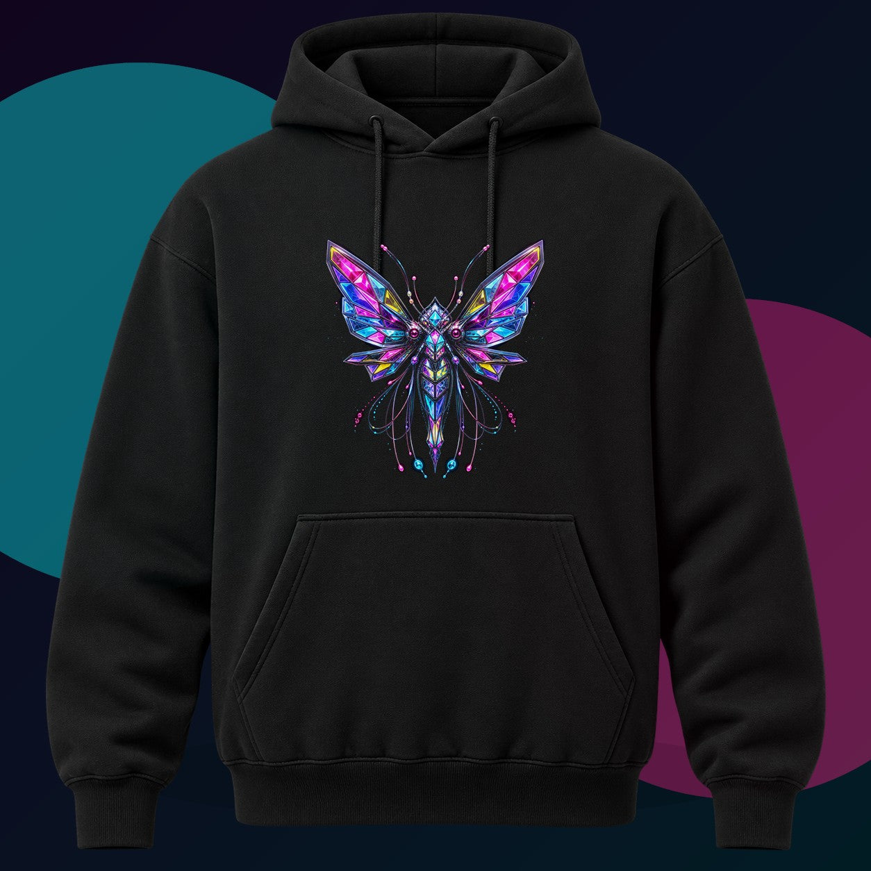 Prism Moth Relay original KOSVYRE design on a black hoodie with cyan and violet studio lighting