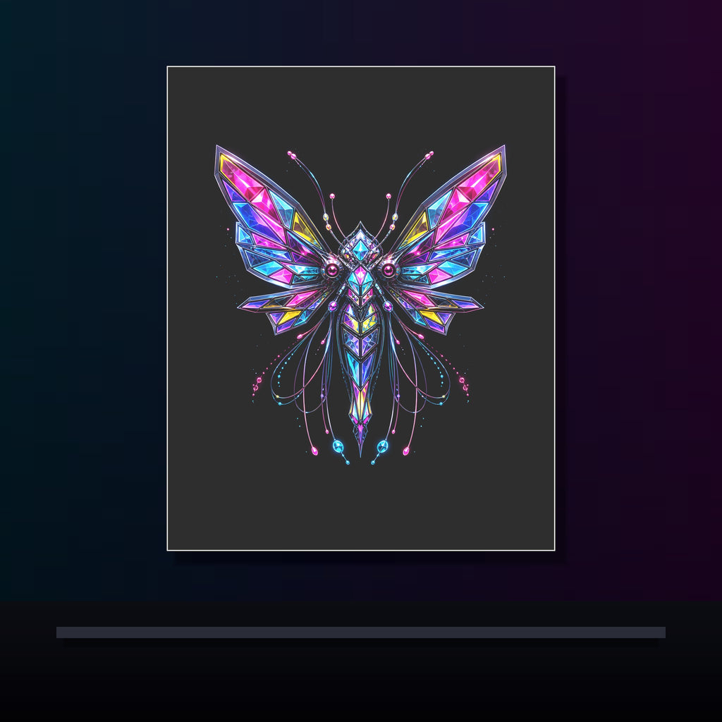 Prism Moth Relay original KOSVYRE poster displayed in a dark psychedelic gallery setting