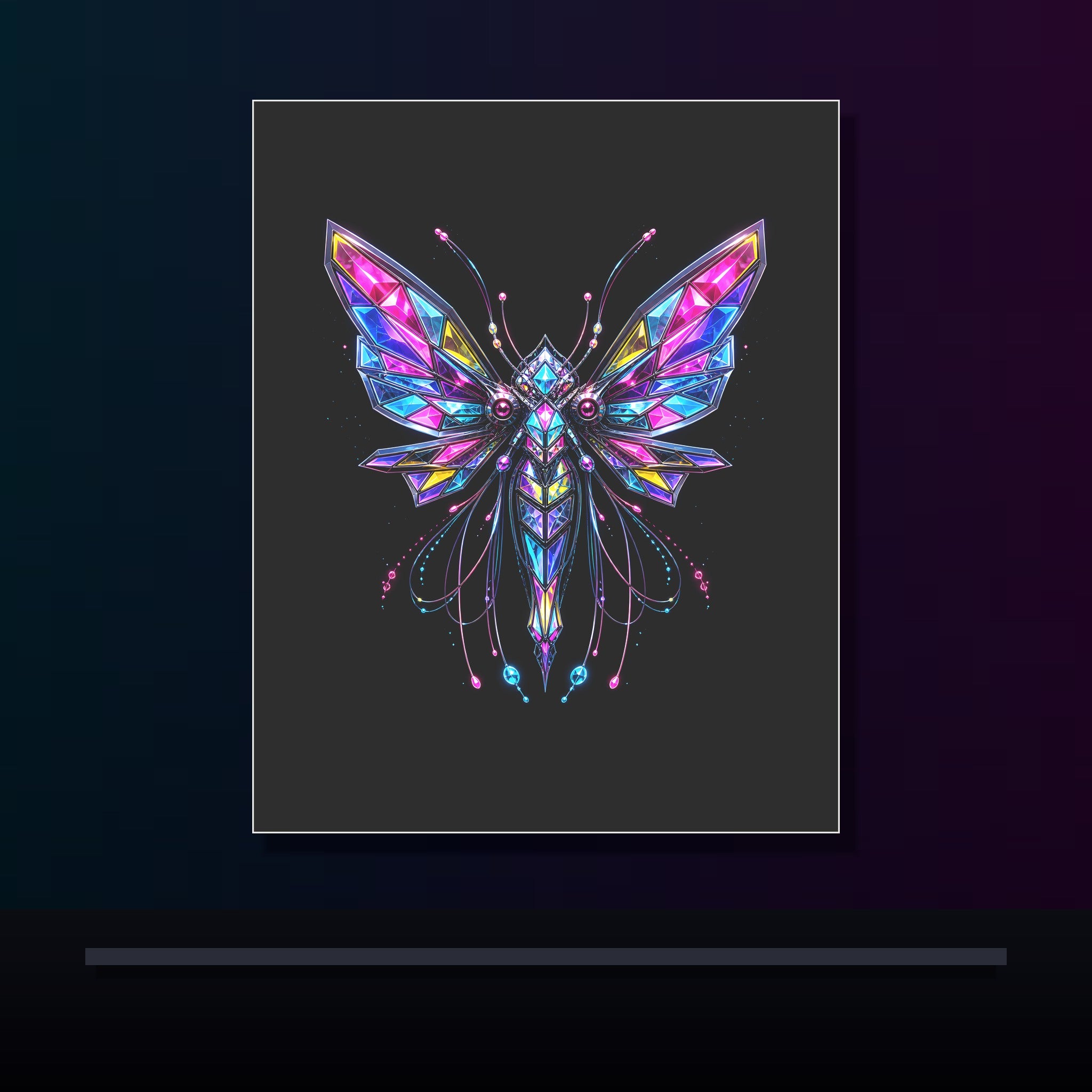 Prism Moth Relay original KOSVYRE poster displayed in a dark psychedelic gallery setting
