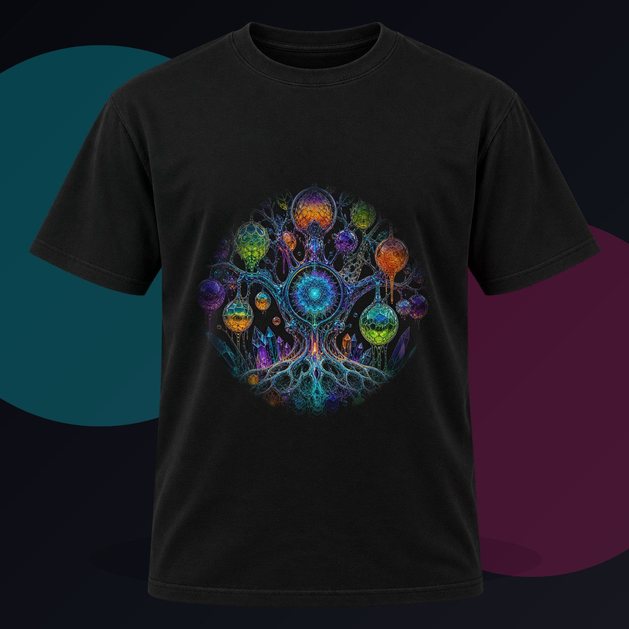 Prism Orchard original KOSVYRE design on a black graphic tee against a graphite studio background