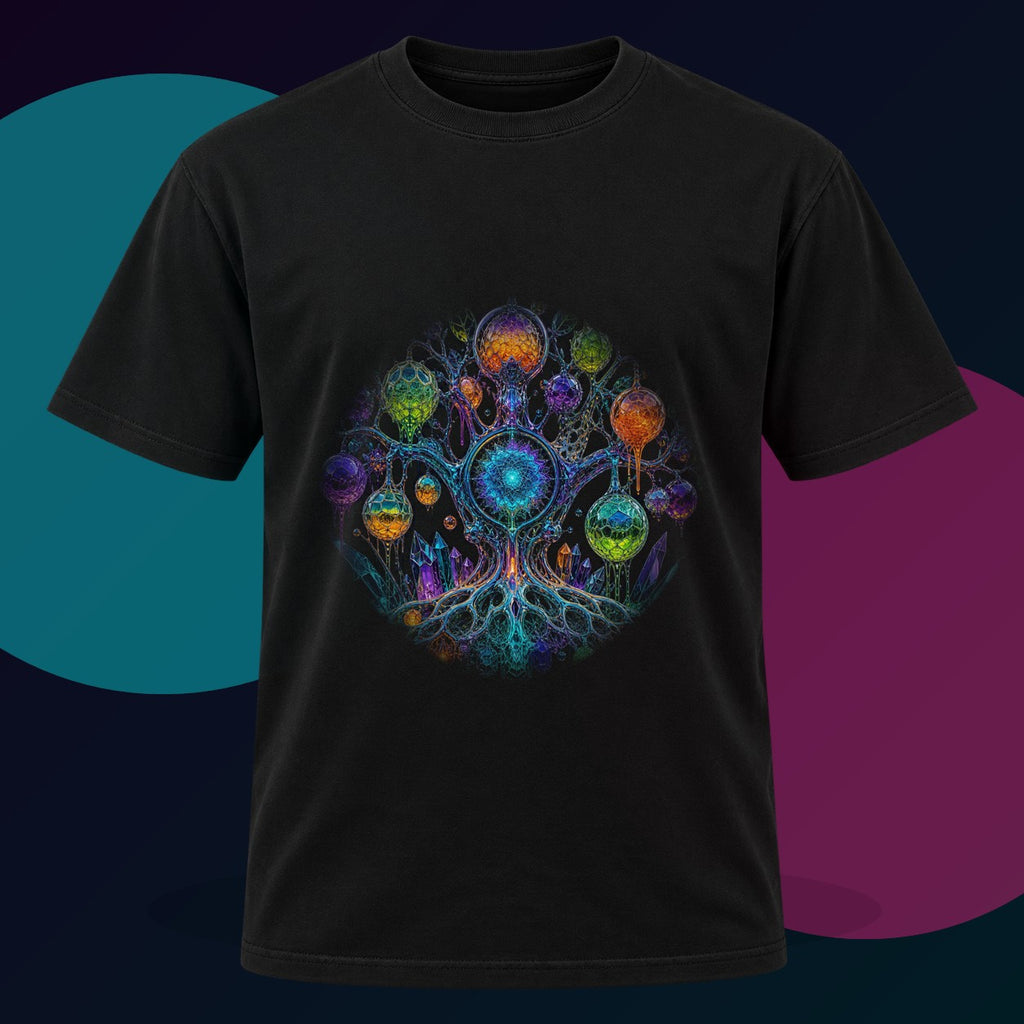 Prism Orchard original KOSVYRE design on a black graphic tee with cyan and violet studio lighting